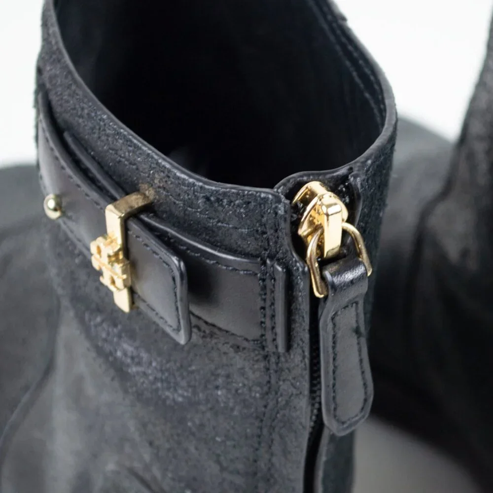 Tory Burch 'Selena' Black Distressed Leather Ankle Biker Boot